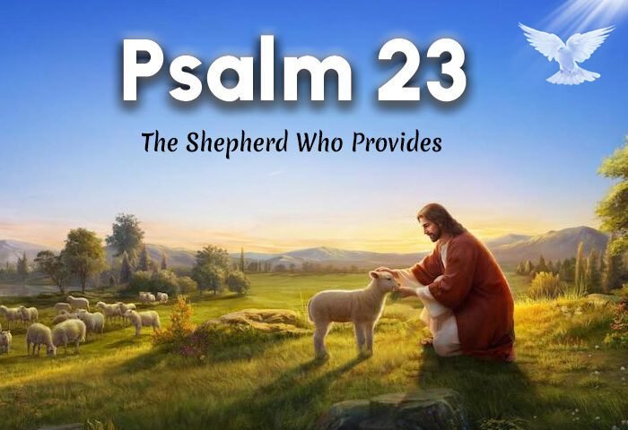 Illustration of Psalm 23 The Lord is my shepherd guiding to green pastures and quiet waters